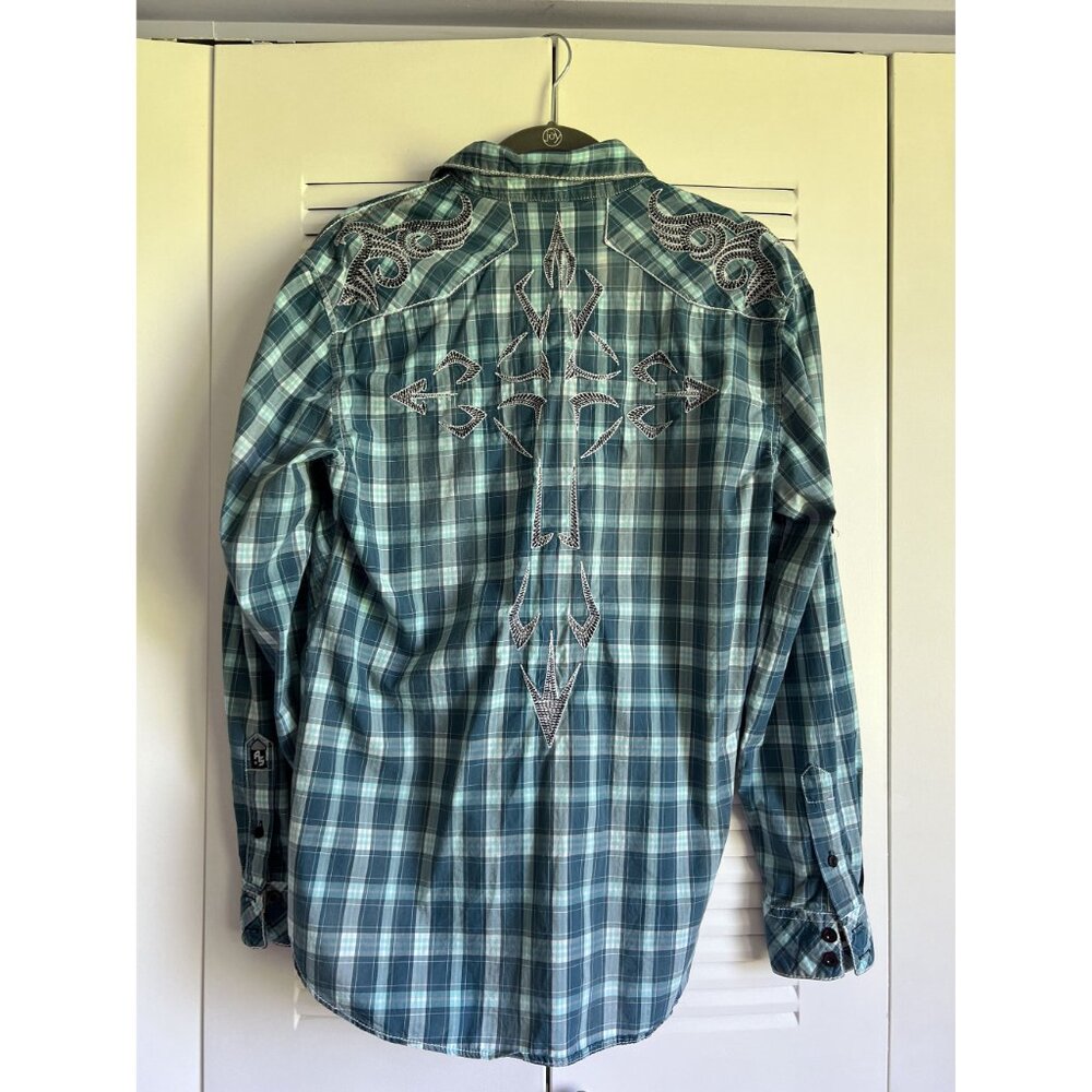 Austin Season Men's Medium Western Plaid Shirt With Embroidered Design Cowboy - Picture 6 of 7